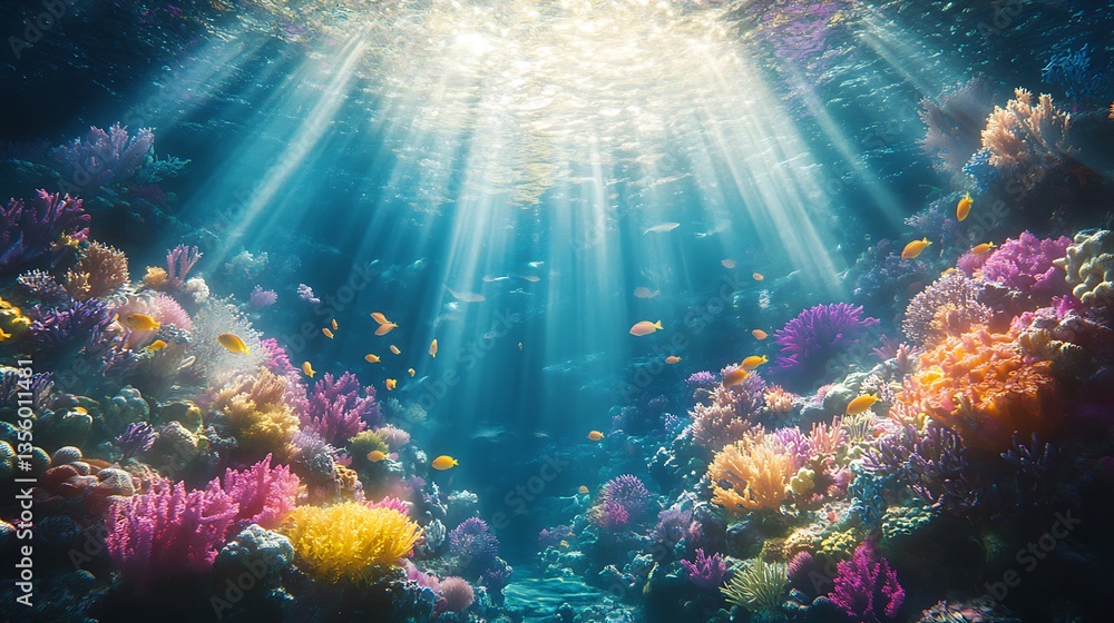 Obraz premium A breathtaking underwater scene filled with vibrant coral reefs, exotic tropical fish swimming gracefully, and beams of sunlight piercing through the crystal-clear water.
