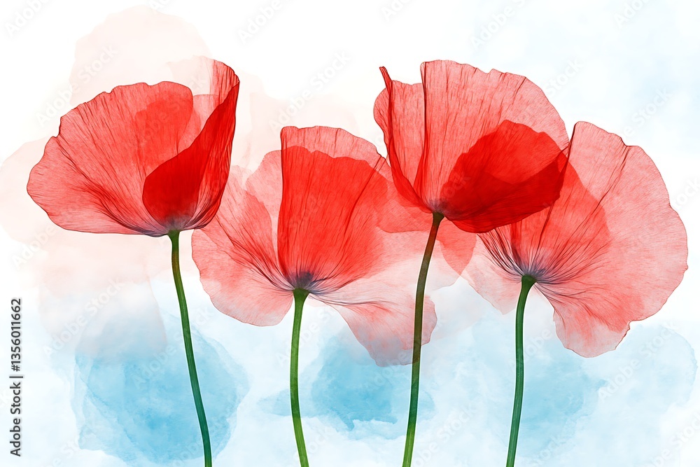 Naklejka premium Translucent red poppies, soft watercolor background, floral, artistic, decorative