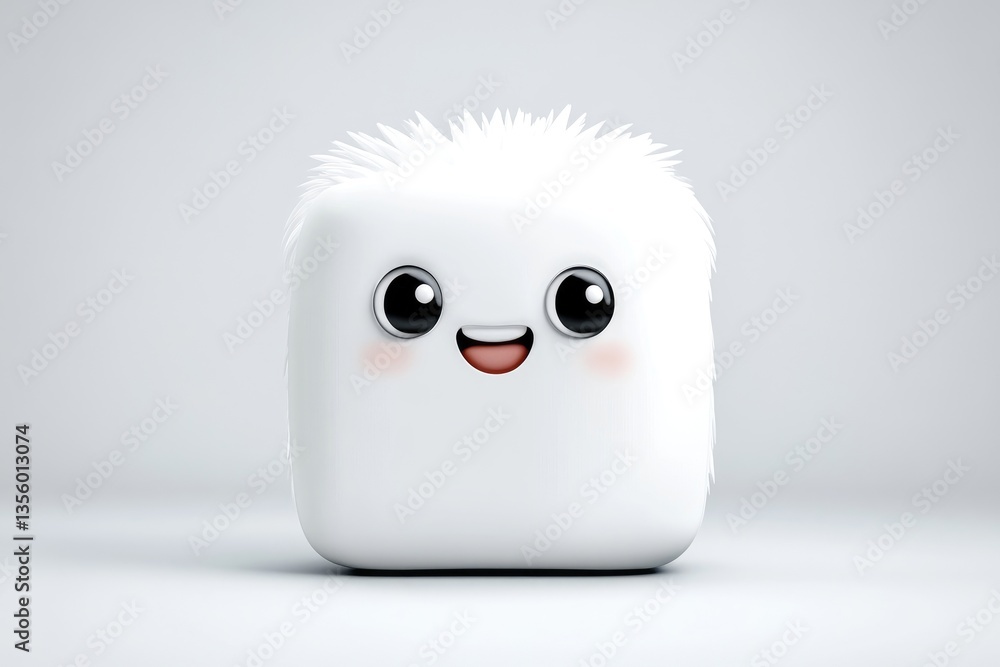 Obraz premium Cute, fluffy, white square character with happy expression