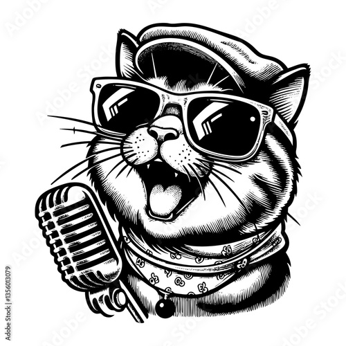 Cat singing sketch engraving black and white outline. Scratch board imitation.  illustrated in vintage line art style on a white background.
