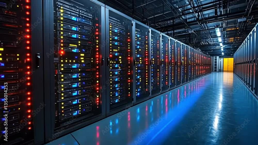 Server room, rows of equipment, illuminated panels, reflecting floor, tech background, possible use in tech documentation or article Server room, rows of equipment, illuminated panels, reflecting floor, tech background, possible use in tech documentation or article