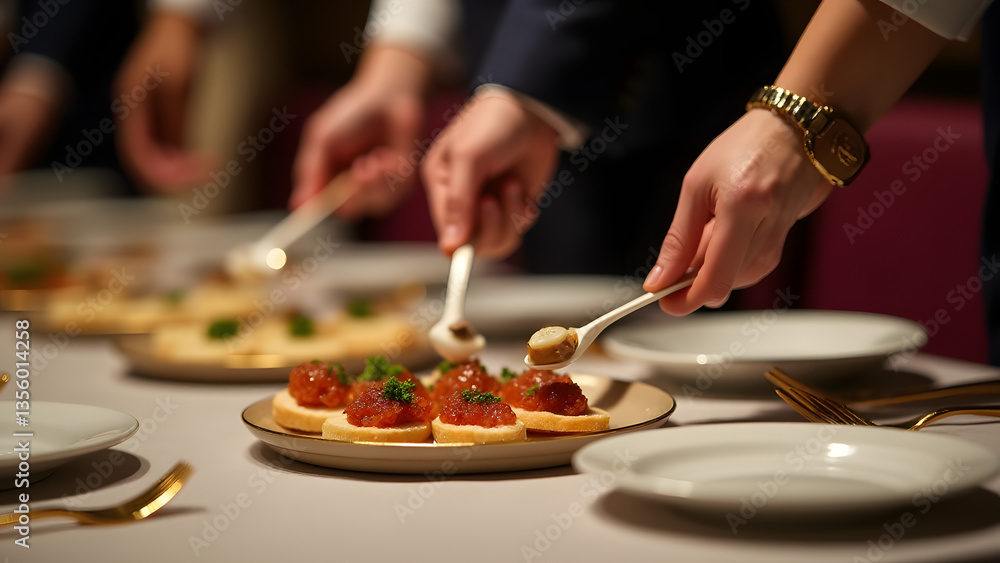 A luxurious office event where hands serve caviar. Porcelain plates and warm lighting create a refined, elegant atmosphere. A luxurious office event where hands serve caviar. Porcelain plates and warm lighting create a refined, elegant atmosphere.
