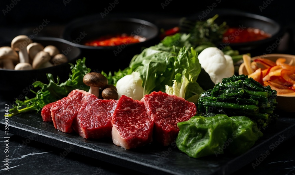 Raw, sliced beef, vegetables, and sauces for a premium, Asian-style hotpot Raw, sliced beef, vegetables, and sauces for a premium, Asian-style hotpot