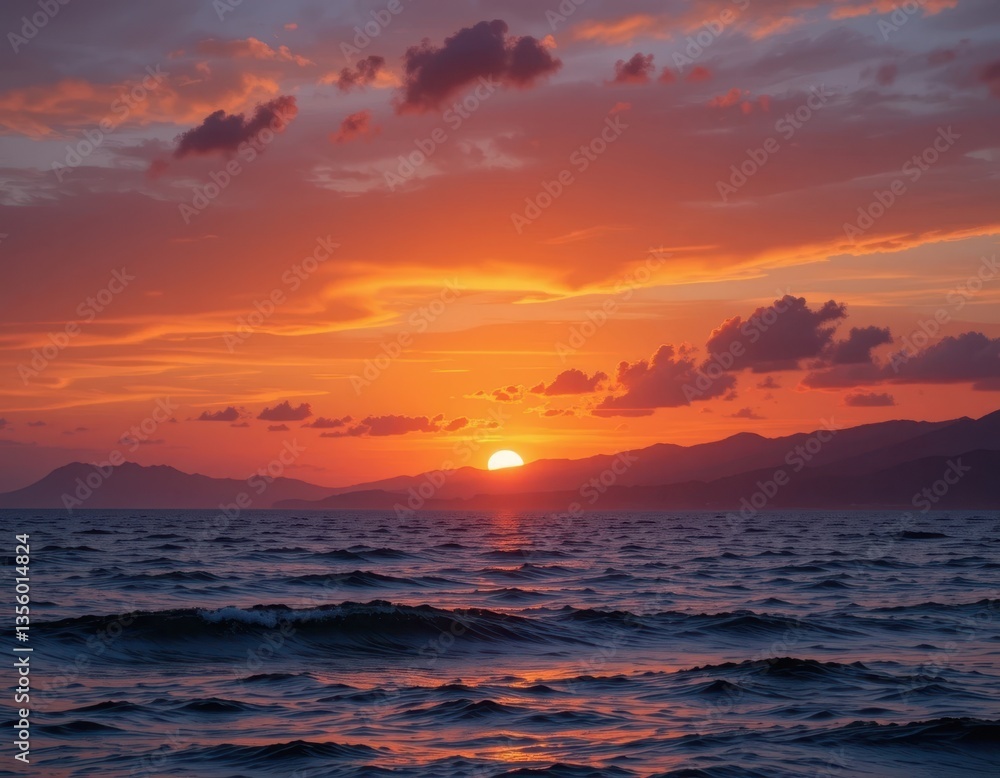 Obraz premium Vibrant Sunset over Ocean Waves and Distant Mountains Scenic Coastal Landscape
