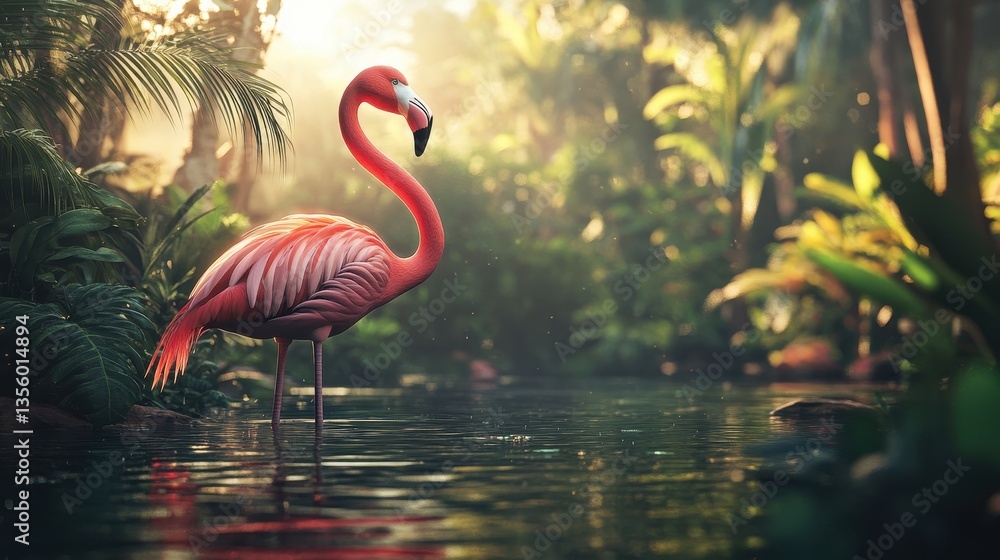 Fototapeta premium Vibrant Flamingo Stands Gracefully by Lush Tropical Waterway