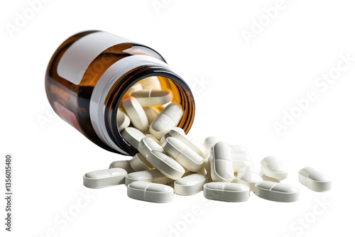spilled capsules, white, brown bottle, white background, isolated, no background