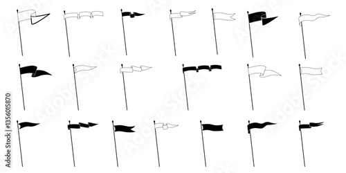 Retro pennant flags, banner pendants and waving blank signs on flagpoles, vector icon. Sport camp or university and varsity royal club pennant flags in white and black line outline or silhouettes