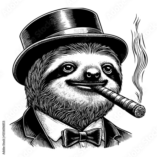 Sloth wear top hat and smokiing cigar sketch engraving black and white outline. Scratch board imitation.
