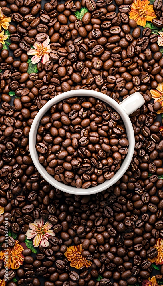 Fototapeta premium Coffee Beans in Mug with Floral Background.