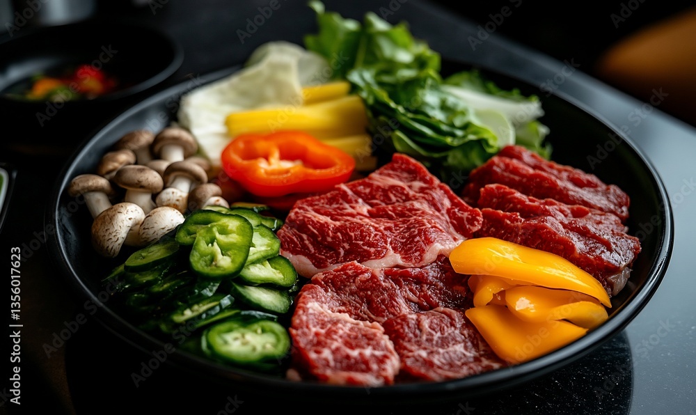 Raw beef and assorted vegetables for Korean BBQ Raw beef and assorted vegetables for Korean BBQ