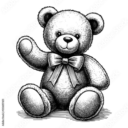 Teddy bear sketch engraving black and white outline. Scratch board imitation.  illustrated in vintage line art style on a white background.
