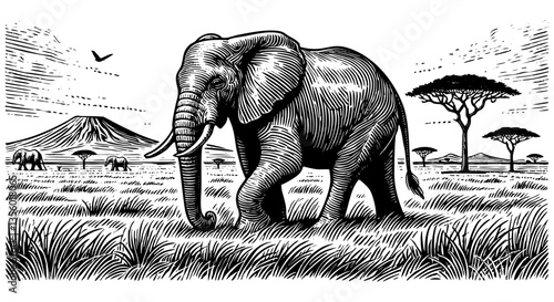 Elephant sketch engraving black and white outline. Scratch board imitation. illustrated in vintage line art style on a white background.