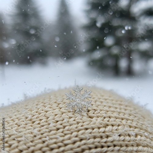 A single, intricately detailed snowflake resting on the fibers of a soft woolen glove.