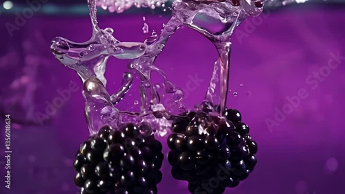 Super slow motion video of falling blackberries into water, isolated on purple background, filmed on high-speed cinema camera, 1400 fps, with mysterious, moody lighting