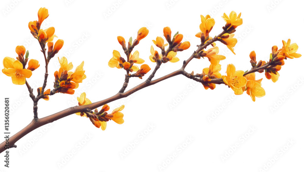 Fototapeta premium a branch adorned with vibrant yellow flowers showcasing the beauty of nature and the arrival of spring the delicate blooms are set against a white background emphasizing their vivid color and intricat