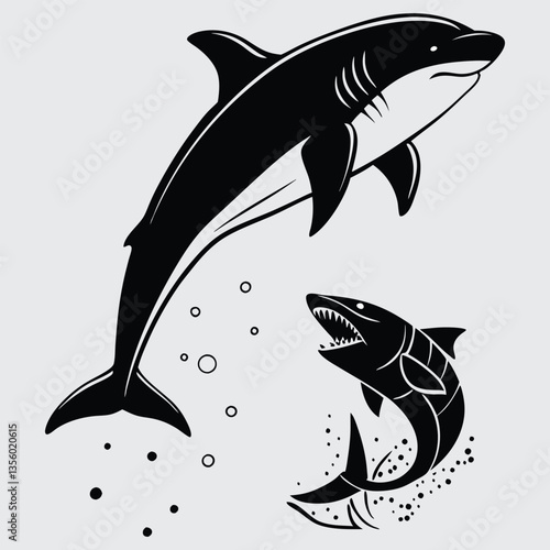 A  dolphin ramming a shark image silhouette design vector art and illustration