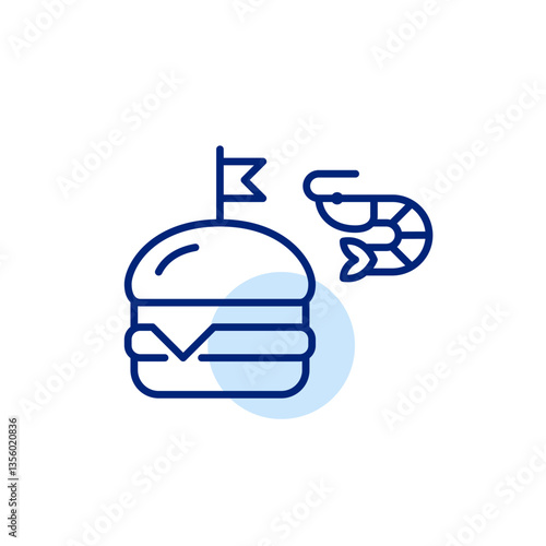 Craft burger with shrimp. Seafood restaurant menu. Food intolerances or allergies symbol. Pixel perfect, editable stroke vector icon