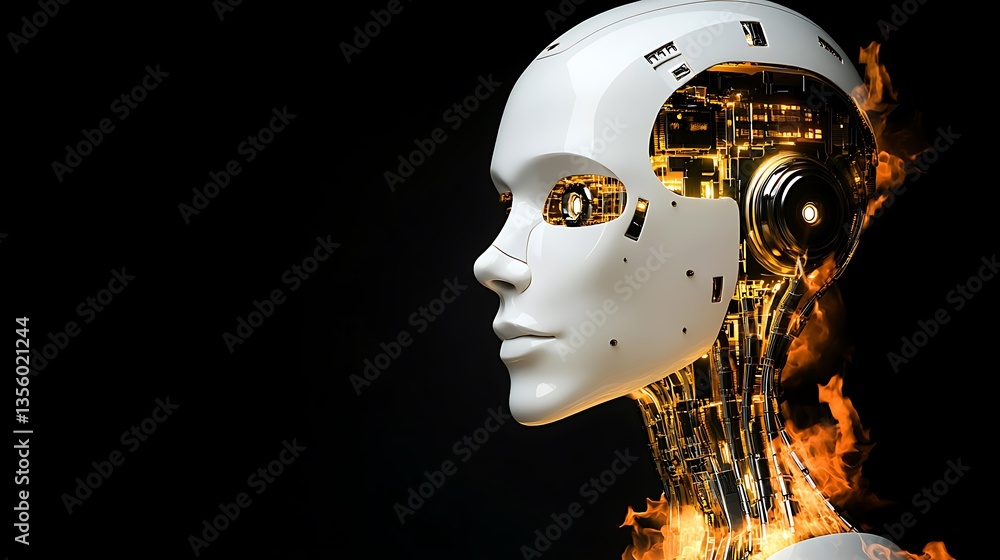 Burning robotic female head profile. Burning robotic female head profile.