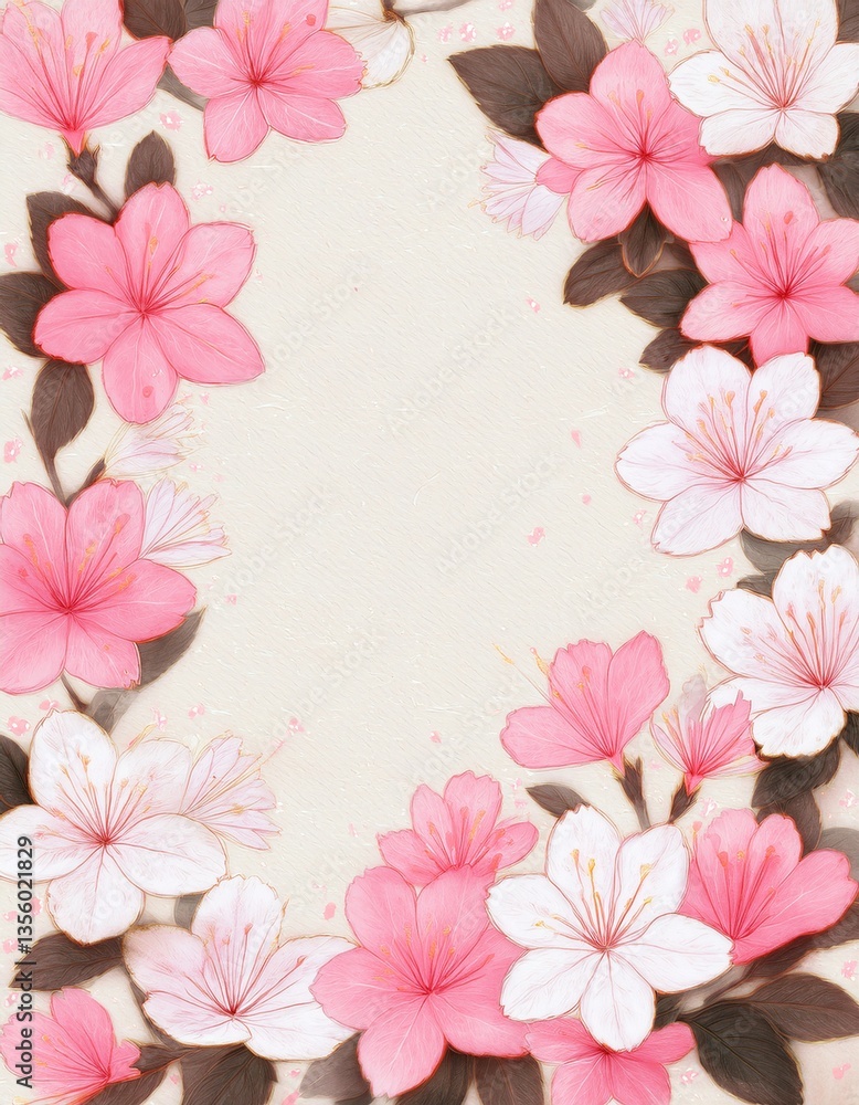 和紙に手書き描かれた白色とピンク色のつつじの花のフレーム背景素材。テキストスペースあり。AIで生成 和紙に手書き描かれた白色とピンク色のつつじの花のフレーム背景素材。テキストスペースあり。AIで生成