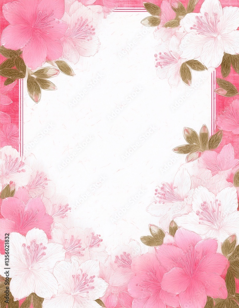 Fototapeta premium 和紙に手書き描かれた白色とピンク色のつつじの花のフレーム背景素材。テキストスペースあり。AIで生成