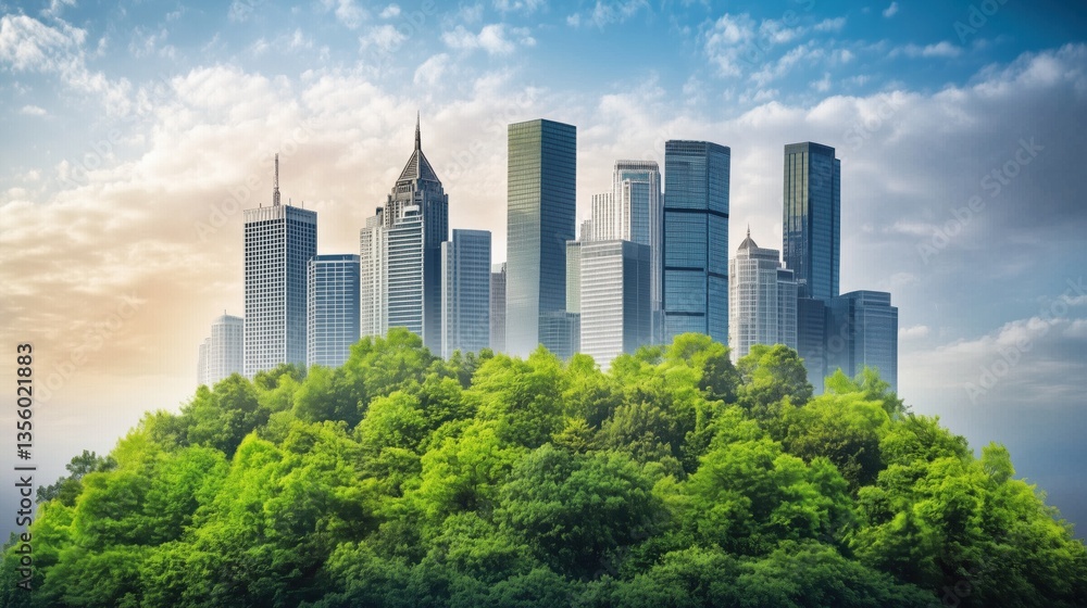 Stunning Urban Skyline Surrounded by Lush Greenery: A Vibrant Contrast of Nature and Modern Architecture in a Bright Blue Sky, Capturing the Harmonious Blend of City Life and Natural Beauty