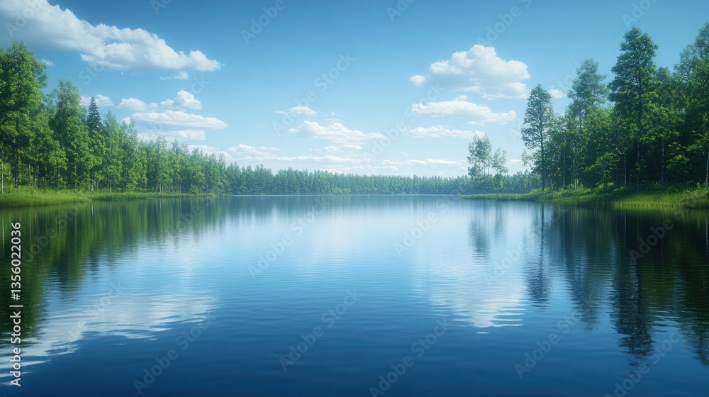 Fototapeta premium Serene lake reflecting forest canopy on a sunny day. Ideal for nature, peace, or travel brochures
