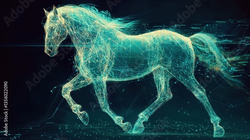 Futuristic Digital Horse in Motion: A Stunning 3D Visual Representation of an Ethereal Horse, Glowing with Neon Lines, Against a Dark Background, Capturing Dynamic Energy and Innovation
