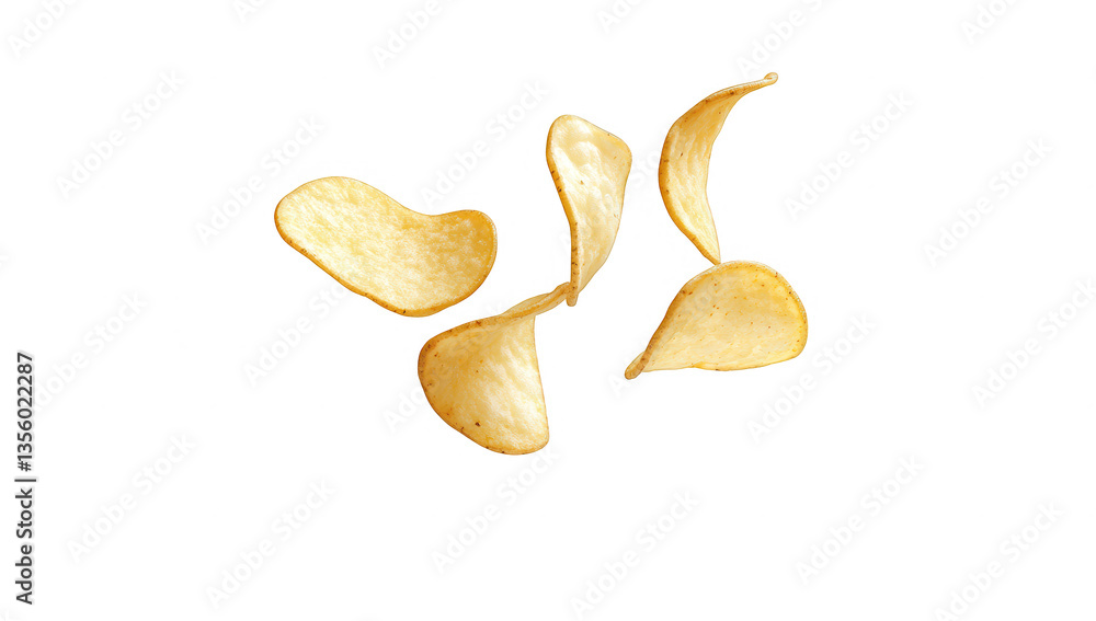 several potato chips floating against a white background highlighting their texture and shape suggesting a snack appeal several potato chips floating against a white background highlighting their texture and shape suggesting a snack appeal