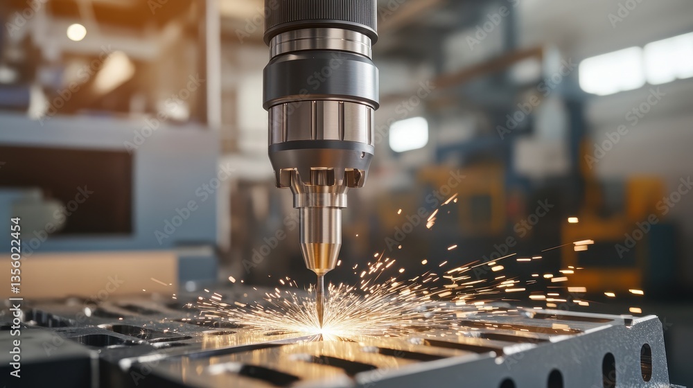 High-Tech Industrial Machine Producing Sparks During Metal Processing in Modern Factory Environment High-Tech Industrial Machine Producing Sparks During Metal Processing in Modern Factory Environment