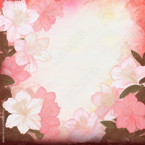 和紙に手書き描かれた白色とピンク色のつつじの花のフレーム背景素材。テキストスペースあり。AIで生成