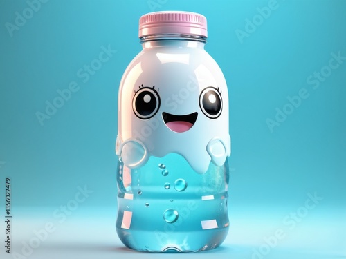 3d illustration of cute cartoon soda bottle character with blue water on it