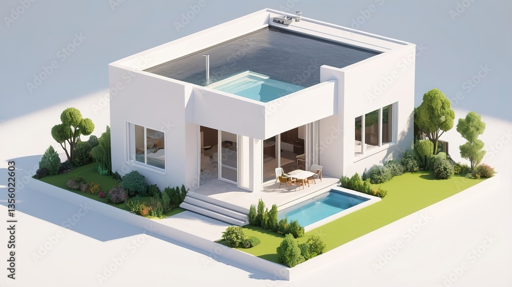 Fototapeta premium A small modern minimalist house isometric perspective,&nbsp;3D model miniature