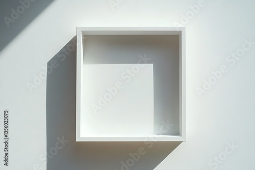 Empty white square frame casting a shadow against a bright wall, ready for art display