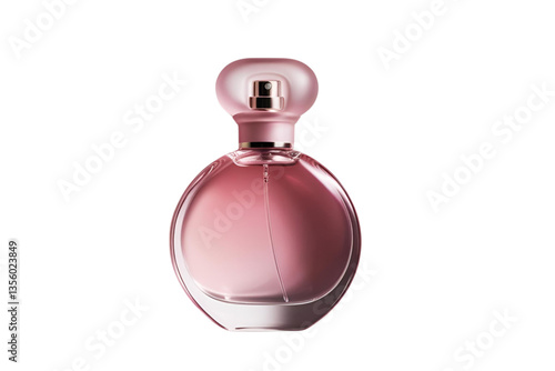 round perfume bottle, rose pink glass, white background, isolated, no background