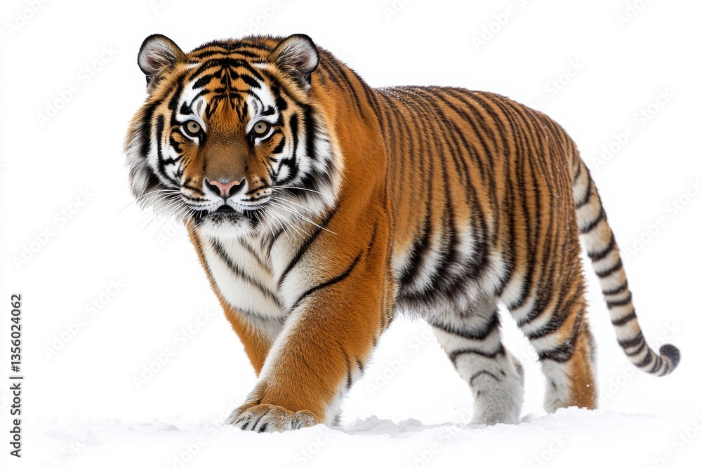 Fototapeta premium Majestic tiger walking through the snow in a serene winter landscape