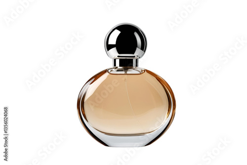 round perfume bottle, beige and gold accents, white background, isolated, no background
