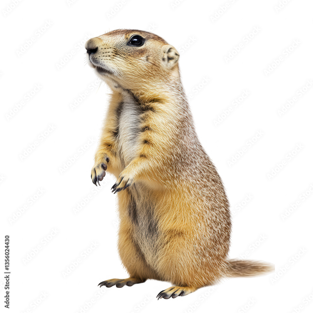 Fototapeta premium a prairie dog stands upright showcasing its alert posture and distinctive features set against a clean white background. animal's curiosity and playful nature