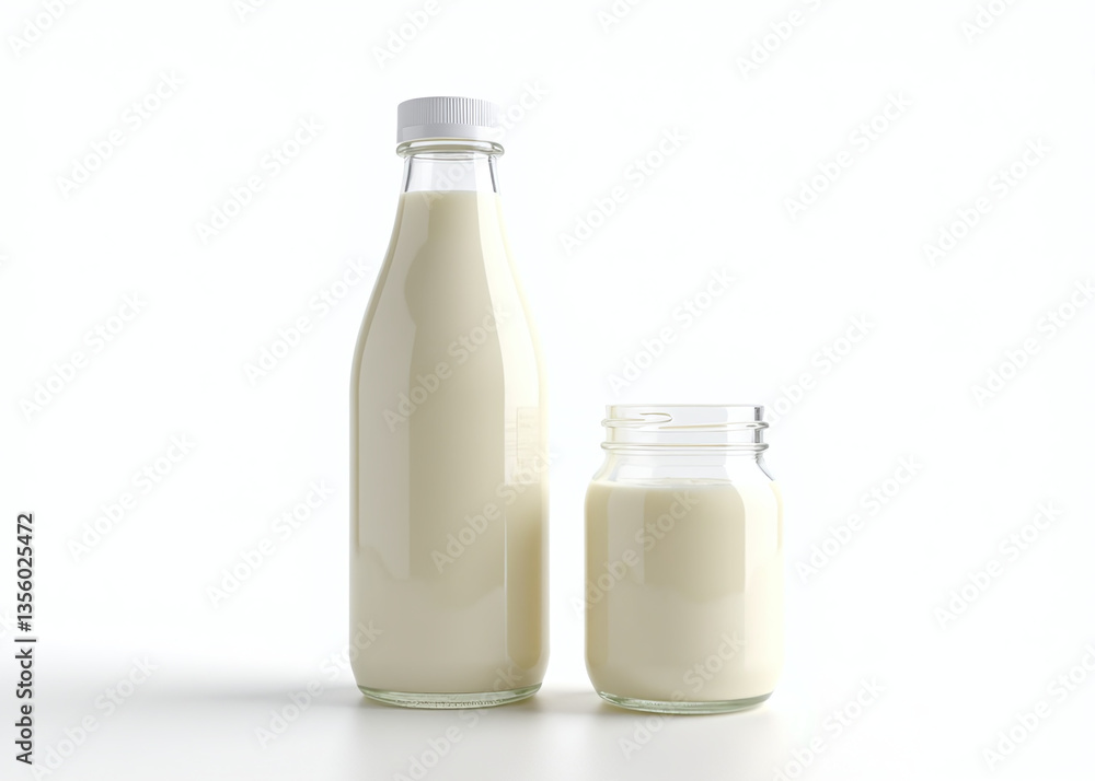 Glass bottle and jar filled with fresh milk positioned against a clean white background, highlighting transparency and purity. Perfect for dairy-related concepts and marketing Glass bottle and jar filled with fresh milk positioned against a clean white background, highlighting transparency and purity. Perfect for dairy-related concepts and marketing