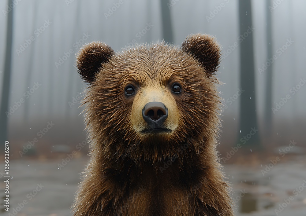 Fototapeta premium A brown bear looks directly at the camera in a forest
