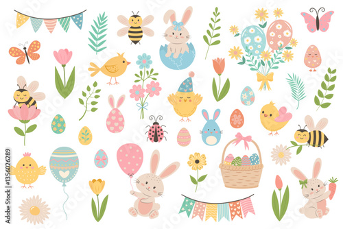 Cute easter set with chickens, bees, rabbits, flowers, eggs, balloons, flags, basket and other. Pastel design elements for Easter and spring.