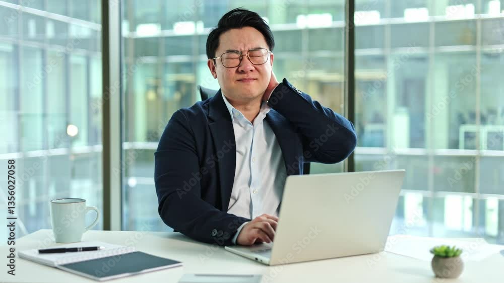 Tired Asian businessman working on a laptop in a modern office building is suffering from neck pain. Tired Asian businessman working on a laptop in a modern office building is suffering from neck pain.