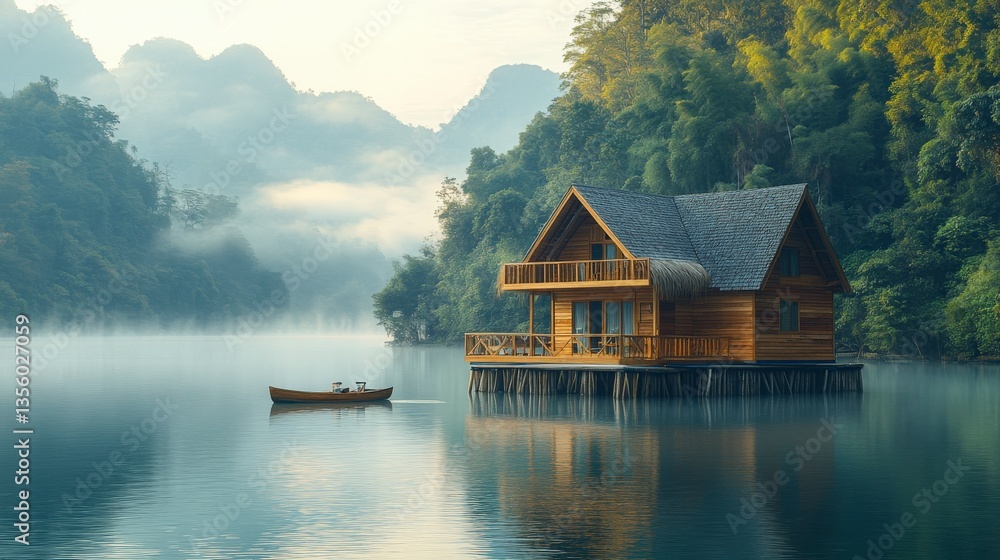 Fototapeta premium Serene Wooden Lake House in Misty Mountain Landscape