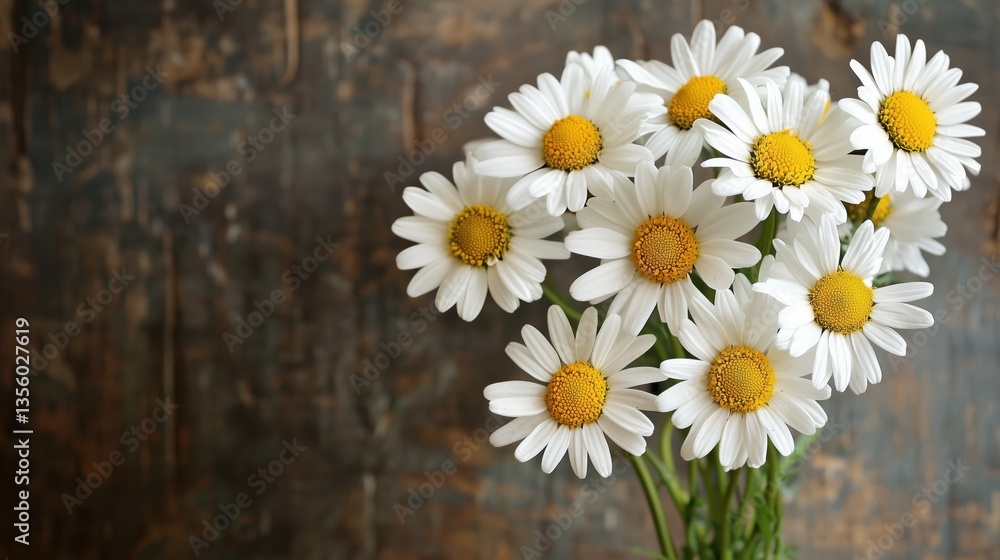Obraz premium Vibrant White Daisies Bouquet with Bright Yellow Centers Set Against a Rustic Wooden Background, Exuding a Fresh and Cheerful Atmosphere, Perfect for Spring Decor and Floral Arrangements