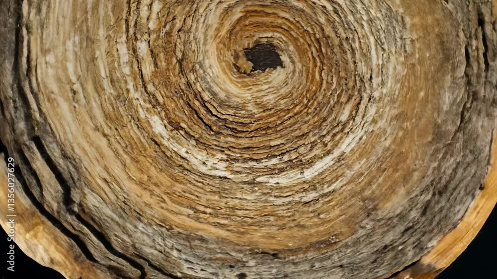 Detailed 360-degree rotation video around a section of a felled tree trunk, ambient light with subtle highlights, revealing annual rings and bark textures Detailed 360-degree rotation video around a section of a felled tree trunk, ambient light with subtle highlights, revealing annual rings and bark textures