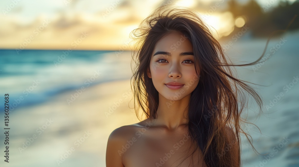 Serene Young Woman with Dark Curly Hair on a Sunset Beach Serene Young Woman with Dark Curly Hair on a Sunset Beach