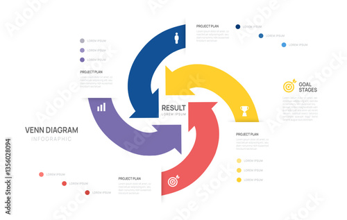 Venn diagram infographic arrow chart template for business start up presentation vector illustration.