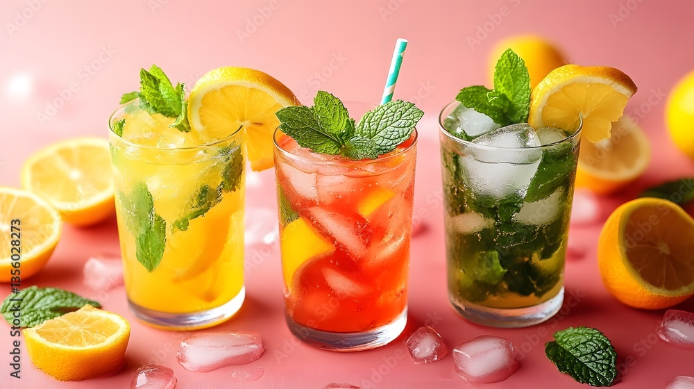 Refreshing Lemonade Drinks with Mint Garnish on Pink Background of freshness and summer vibes. Refreshing Lemonade Drinks with Mint Garnish on Pink Background of freshness and summer vibes.