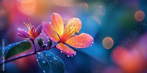 Dew kissed blossoms on a branch with colorful bokeh