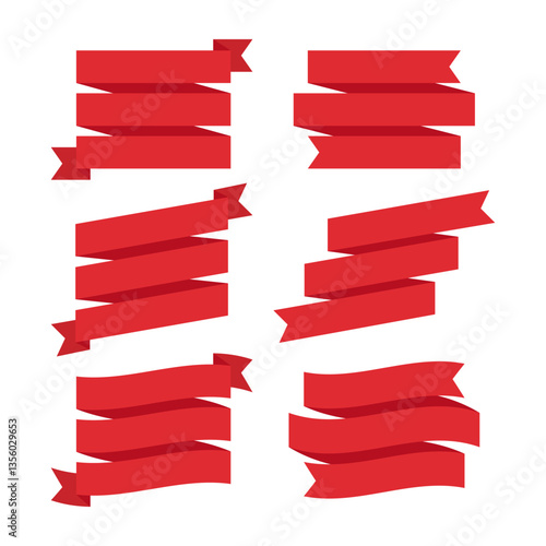 Set of Three Layered Red Ribbon Banners and Labels - Flat Design Illustration	