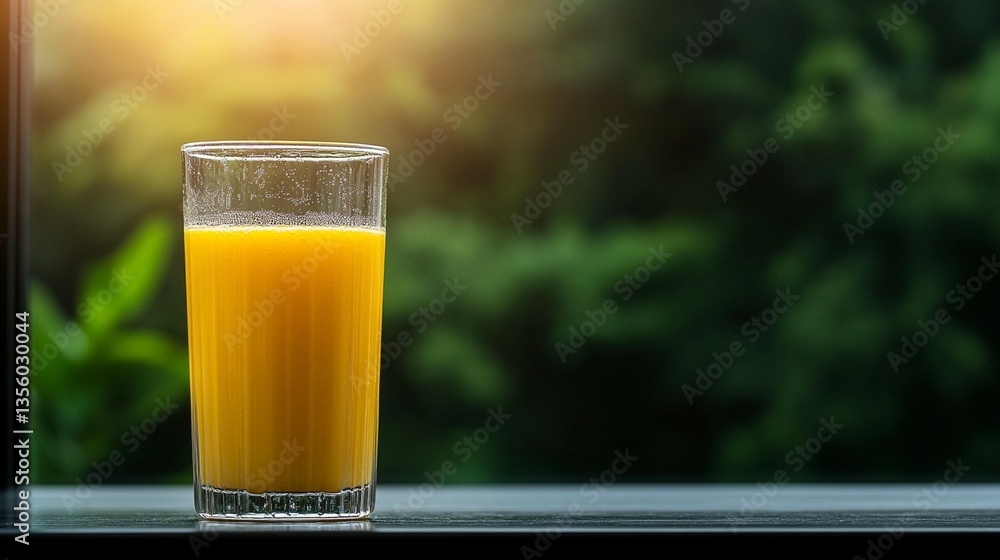 Glass of orange juice on windowsill, sunlight, green background.